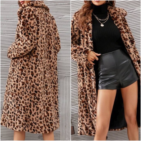 Luxe leopard Print Vegan Fur Long Jacket Coat - Picture 2 of 3